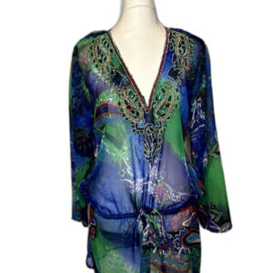 Fashion Fuse Sheer Tunic Top Paisley Beaded Sequined V-Neck Drawstring Womens